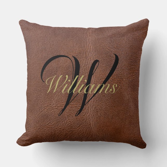 Rustikales braunes Leder sieht Mit Monogramm Kisse Kissen (Vorderseite)