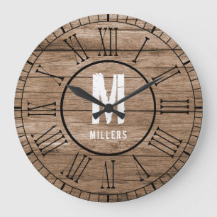 Rustikales Braunes Monogramm, gewittertes Holz Große Wanduhr