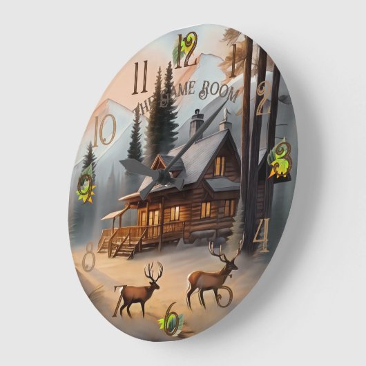 Rustikales Braunes und Graues Aquarell Log Zuhause Große Wanduhr (Winkel)