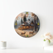 Rustikales Braunes und Graues Aquarell Log Zuhause Große Wanduhr (Zuhause)