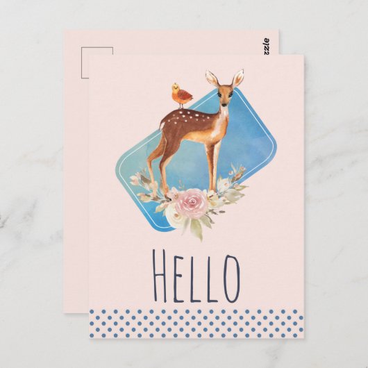 Rustikales Braunes Wasserfarben Hirsch auf Pfirsic Postkarte (Vorne/Hinten)