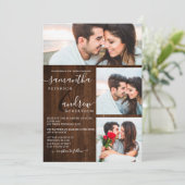 Rustikales Braunholz Drehbuch 3 Fotos Hochzeit Einladung (Stehend Vorderseite)