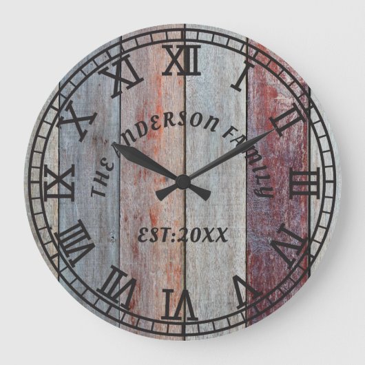 Rustikales Braunholz - eigener Familienname Große Wanduhr (Vorderseite)
