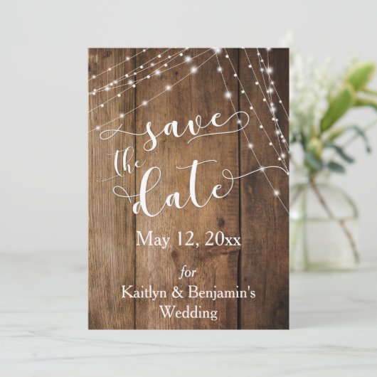 Rustikales Braunholz, Lichtteile Save the Date (Stehend Vorderseite)