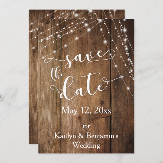 Rustikales Braunholz, Lichtteile Save the Date (Vorne/Hinten)