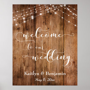 Rustikales Braunholz & Lights Hochzeit Begrüßungsz Poster