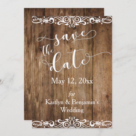 Rustikales Braunholz mit Rollen Save the Date (Vorne/Hinten)