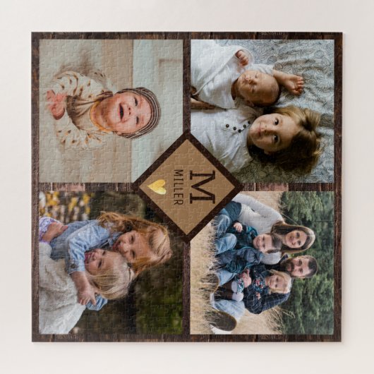 Rustikales Braunholz-Monogramm der Familie 4 Puzzle (Horizontal)