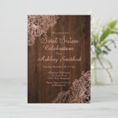 Rustikales Braunholz, schicke Rose Goldblüte Süß 1 Einladung (Stehend Vorderseite)