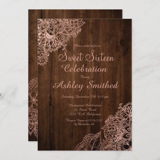 Rustikales Braunholz, schicke Rose Goldblüte Süß 1 Einladung (Vorne/Hinten)