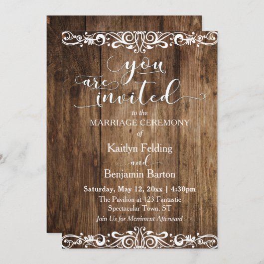 Rustikales Braunholz, Skulpturen, Typografie Hochz Einladung (Vorne/Hinten)