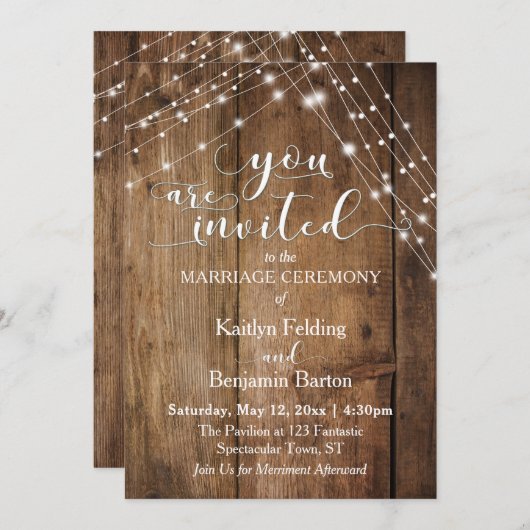 Rustikales Braunholz, weißes, helles Band Hochzeit Einladung (Vorne/Hinten)