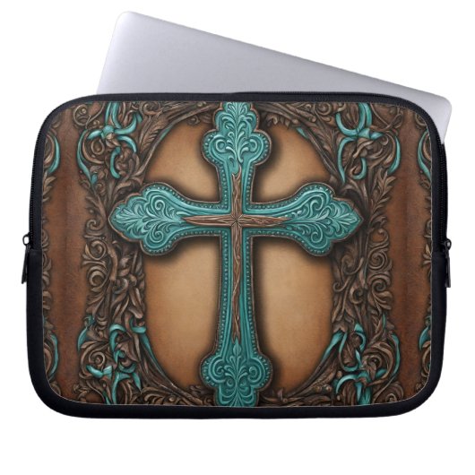 Rustikales Braunleder-Western-Landkreuz Laptopschutzhülle (Vorderseite)