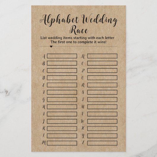 Rustikales Brautparty Alphabet Hochzeitsrennen (Vorderseite)