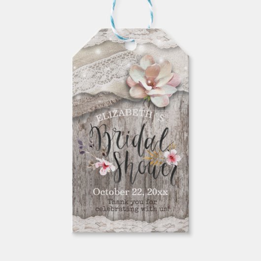 Rustikales Brautparty aus Burlap Lace String Geschenkanhänger (Vorderseite)