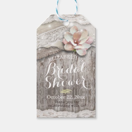 Rustikales Brautparty aus Burlap Lace String Geschenkanhänger (Vorderseite)