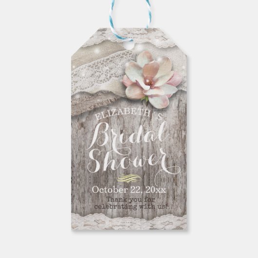 Rustikales Brautparty aus Burlap Lace String Geschenkanhänger (Rückseite)