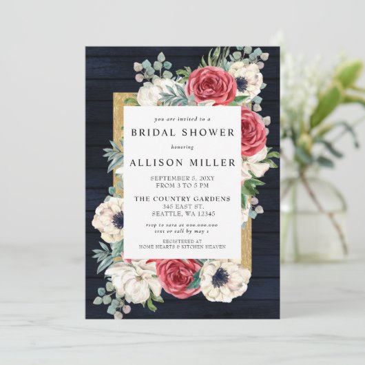 Rustikales Brautparty aus Holz, Marine Burgundy Einladung (Stehend Vorderseite)