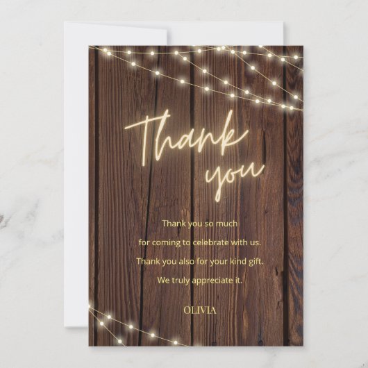 Rustikales Brautparty aus Holz mit Boho-Saitenleuc Dankeskarte (Vorderseite)