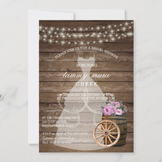 Rustikales Brautparty aus Holz mit rosa Blütenblät Einladung (Vorderseite)