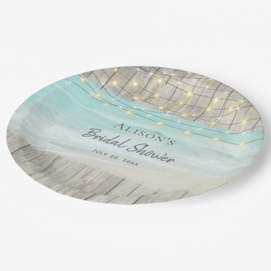 Rustikales Brautparty aus Holz mit Strandleuchten Pappteller (Schrägansicht)