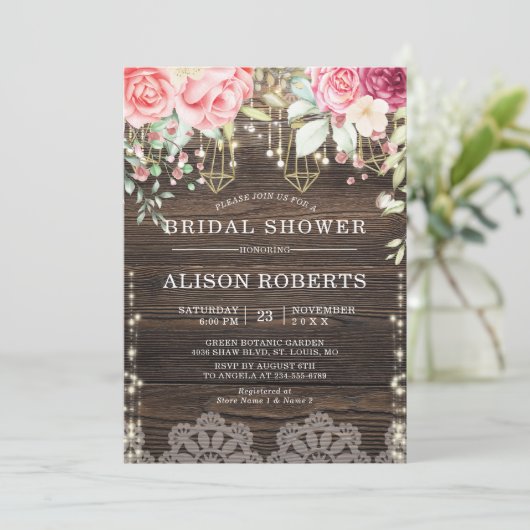 Rustikales Brautparty aus Holzflorenstreifen Einladung (Stehend Vorderseite)