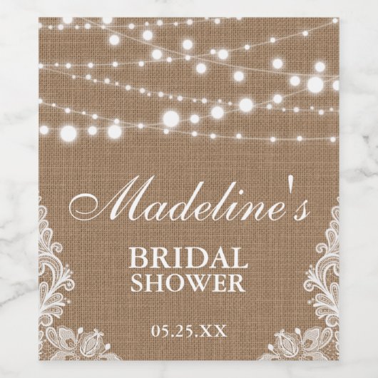 Rustikales Brautparty Burlap Lace String Lights Weinetikett (Einzelnes Label)