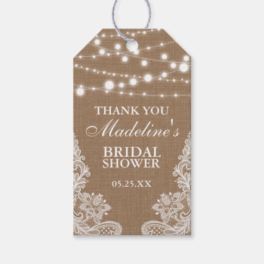 Rustikales Brautparty Burlap Lights Lace Vielen Da Geschenkanhänger (Vorderseite)