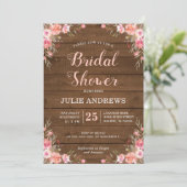 Rustikales Brautparty Chic Pink Floral Wood Einladung (Stehend Vorderseite)