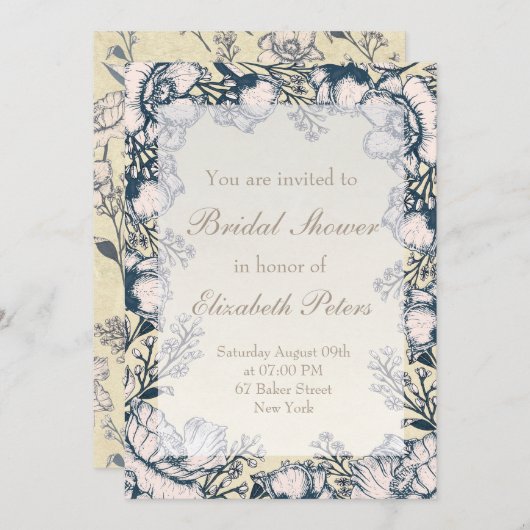 Rustikales Brautparty für Vintage Blume Einladung (Vorne/Hinten)