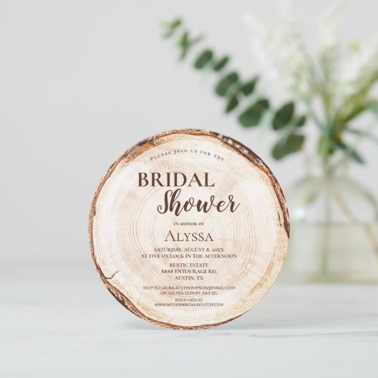 Rustikales Brautparty Holz geschnitten Gramm Custo Einladung (Stehend Vorderseite)