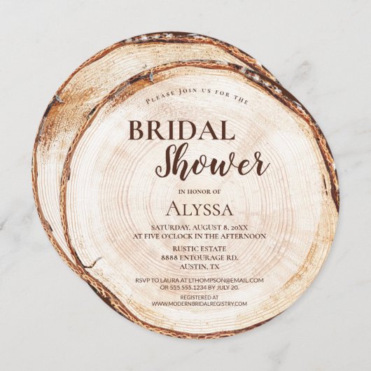 Rustikales Brautparty Holz geschnitten Gramm Custo Einladung (Vorne/Hinten)