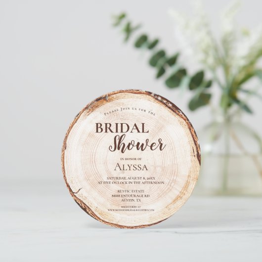 Rustikales Brautparty Holz geschnitten Gramm Custo Einladung (Stehend Vorderseite)