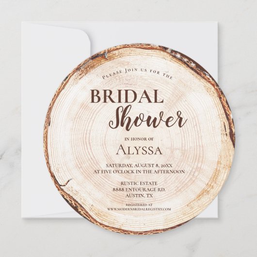 Rustikales Brautparty Holz geschnitten Gramm Custo Einladung (Vorderseite)