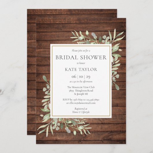 Rustikales Brautparty Holz Watercolor Einladung (Vorne/Hinten)