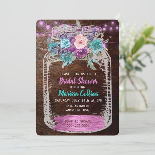 Rustikales Brautparty, Mason Jar, erhängende Licht Einladung (Stehend Vorderseite)