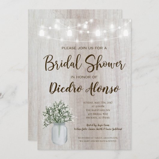 Rustikales Brautparty Mason Jar Lights Babys Atem Einladung (Vorne/Hinten)