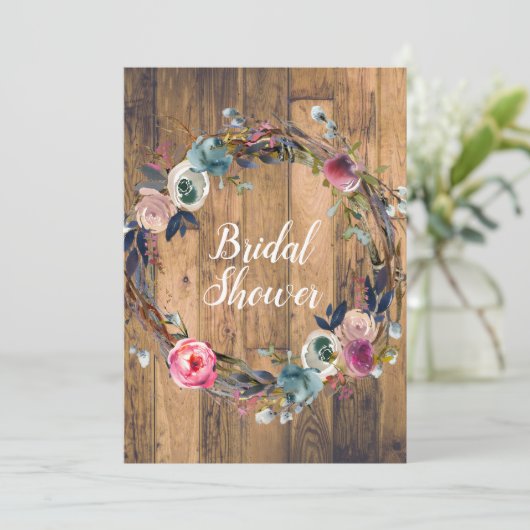 Rustikales Brautparty mit Blumenkranz Einladung (Stehend Vorderseite)