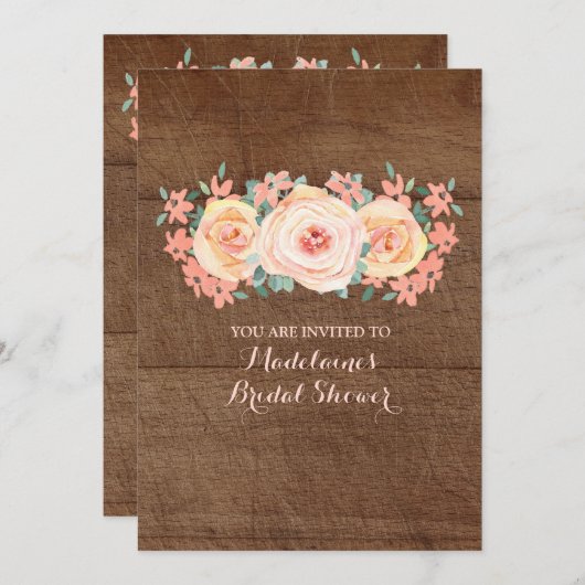 Rustikales Brautparty mit Holzpfirsichfarben Einladung (Vorne/Hinten)