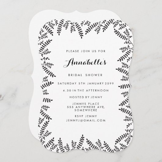 Rustikales Brautparty Schwarz-Weiß-Blätter Grenzen Einladung (Vorne/Hinten)