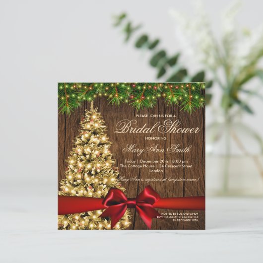 Rustikales Brautparty Tree & Red Ribbon Einladung (Stehend Vorderseite)