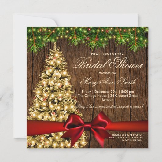 Rustikales Brautparty Tree & Red Ribbon Einladung (Vorderseite)