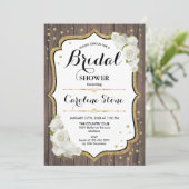 Rustikales Brautparty - Weißrosen aus Holz Einladung (Stehend Vorderseite)