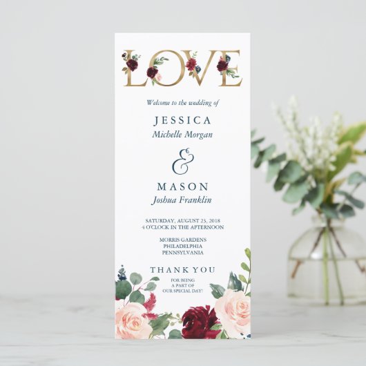 Rustikales Breezy-Burgund-Hochzeit im Herbst-Progr Programm (Stehend Vorderseite)