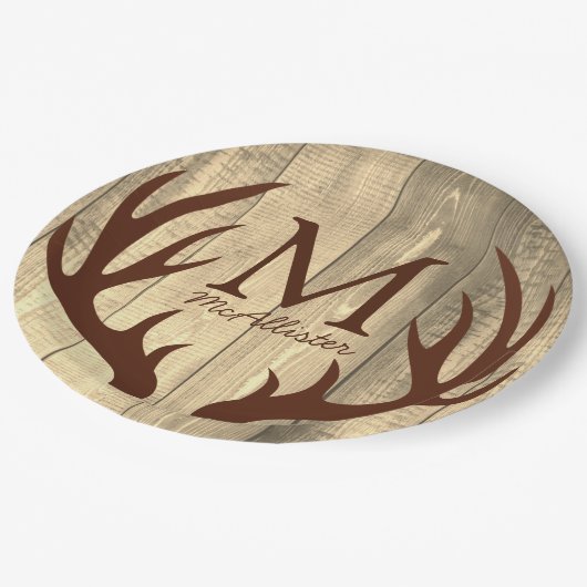 Rustikales Brow Deer Antlers Antique Wood Pappteller (Schrägansicht)