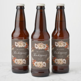 Rustikales Brown Fall Floral Happy Thanksgiving Bierflaschenetikett
