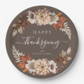 Rustikales Brown Fall Floral Happy Thanksgiving Pappteller (Vorderseite)