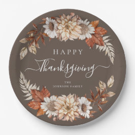 Rustikales Brown Fall Floral Happy Thanksgiving Pappteller
