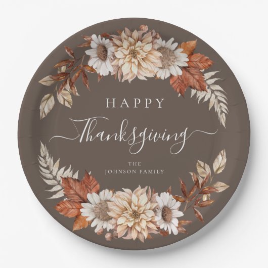 Rustikales Brown Fall Floral Happy Thanksgiving Pappteller (Vorderseite)
