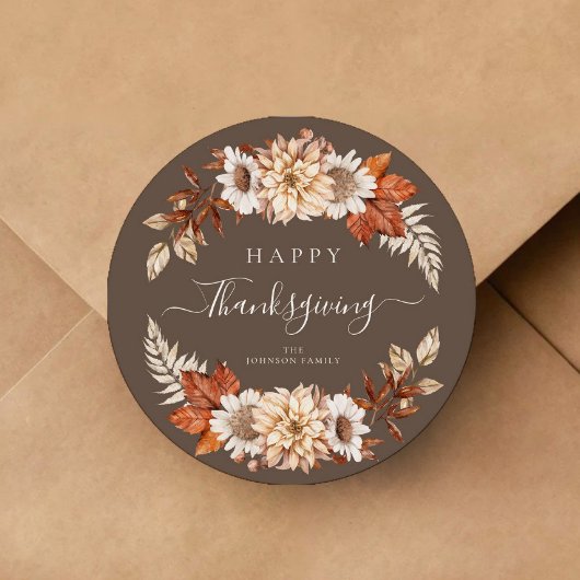 Rustikales Brown Fall Floral Happy Thanksgiving Runder Aufkleber